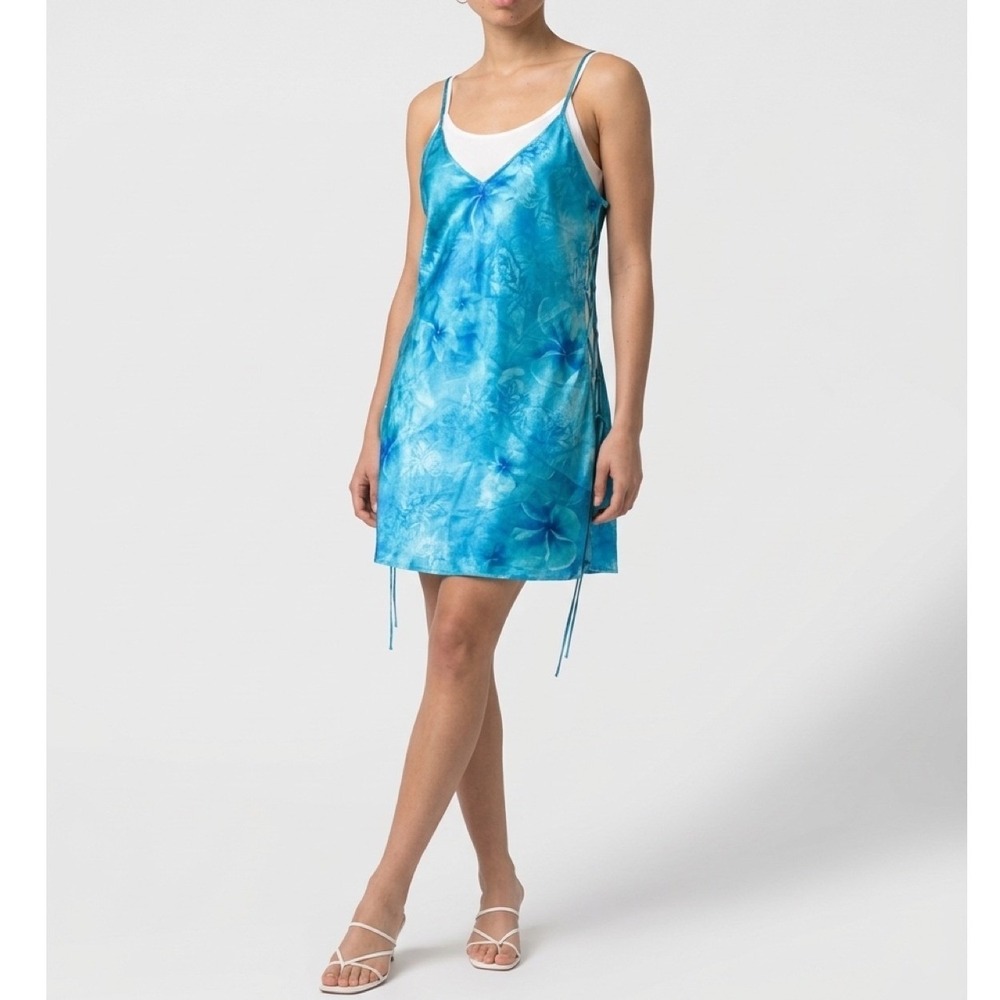 Vintage Y2K Secret Treasures Blue Satin Floral Lace-Up Slip Dress Y2K Fairycore